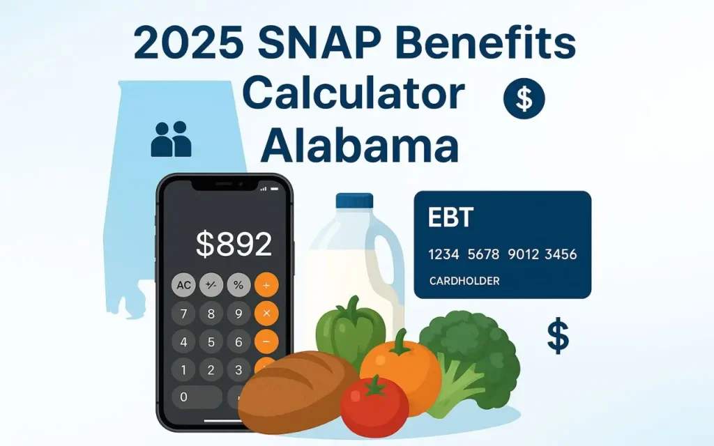 Smartphone showing a SNAP benefits calculator with $892 on screen, surrounded by grocery items, Alabama state outline, EBT card, and text overlay “2025 SNAP Benefits Calculator – Alabama” on a blue to white gradient background.