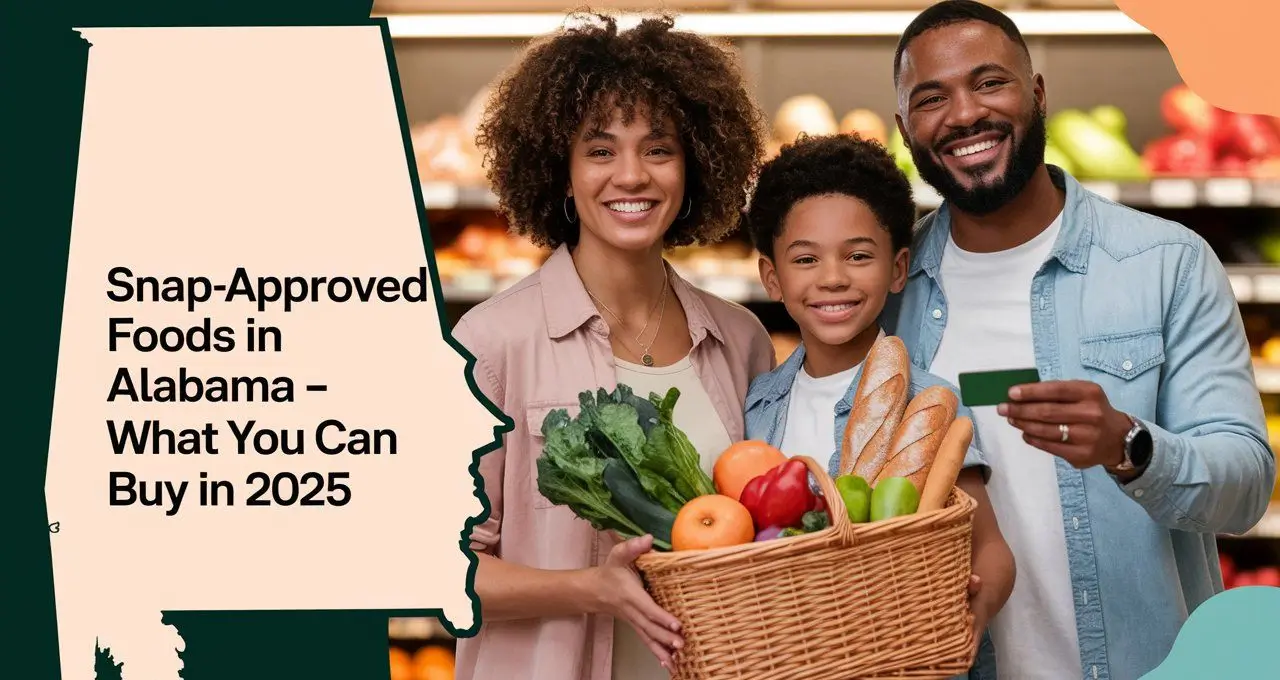Diverse Alabama family shopping with EBT card for SNAP-eligible groceries