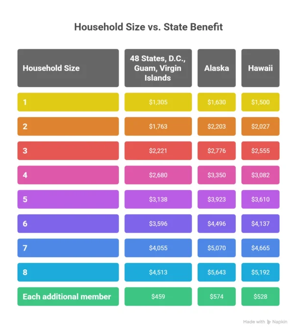 visual table about 2026 snap net income limits by household size