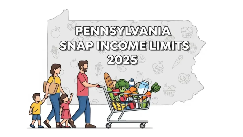 Pennsylvania SNAP income limits 2025 infographic – food stamps eligibility chart with family grocery shopping and PA state outline