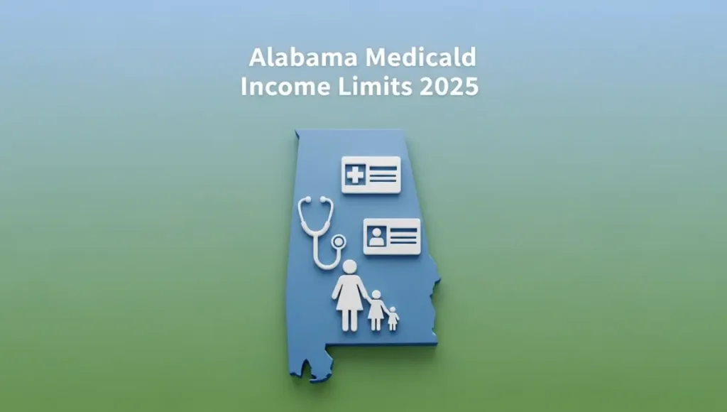 Alabama Medicaid Income Limits 2025 chart with family and healthcare illustration