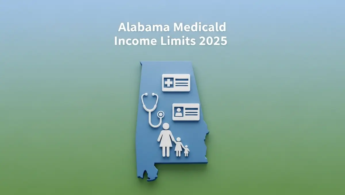 Alabama Medicaid Income Limits 2025 chart with family and healthcare illustration
