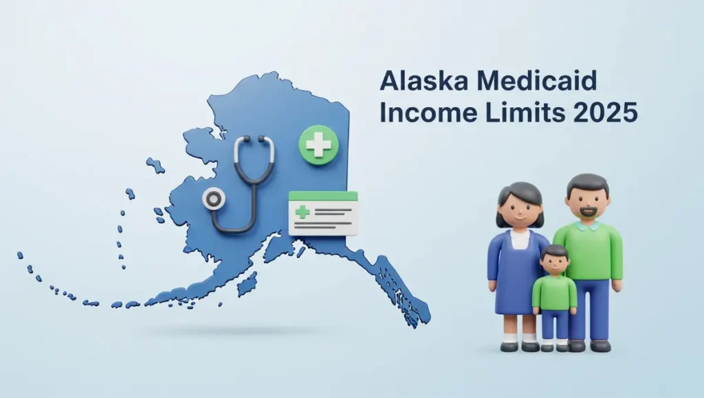 Alaska Medicaid Income Limits 2025 infographic with healthcare icons and family illustration