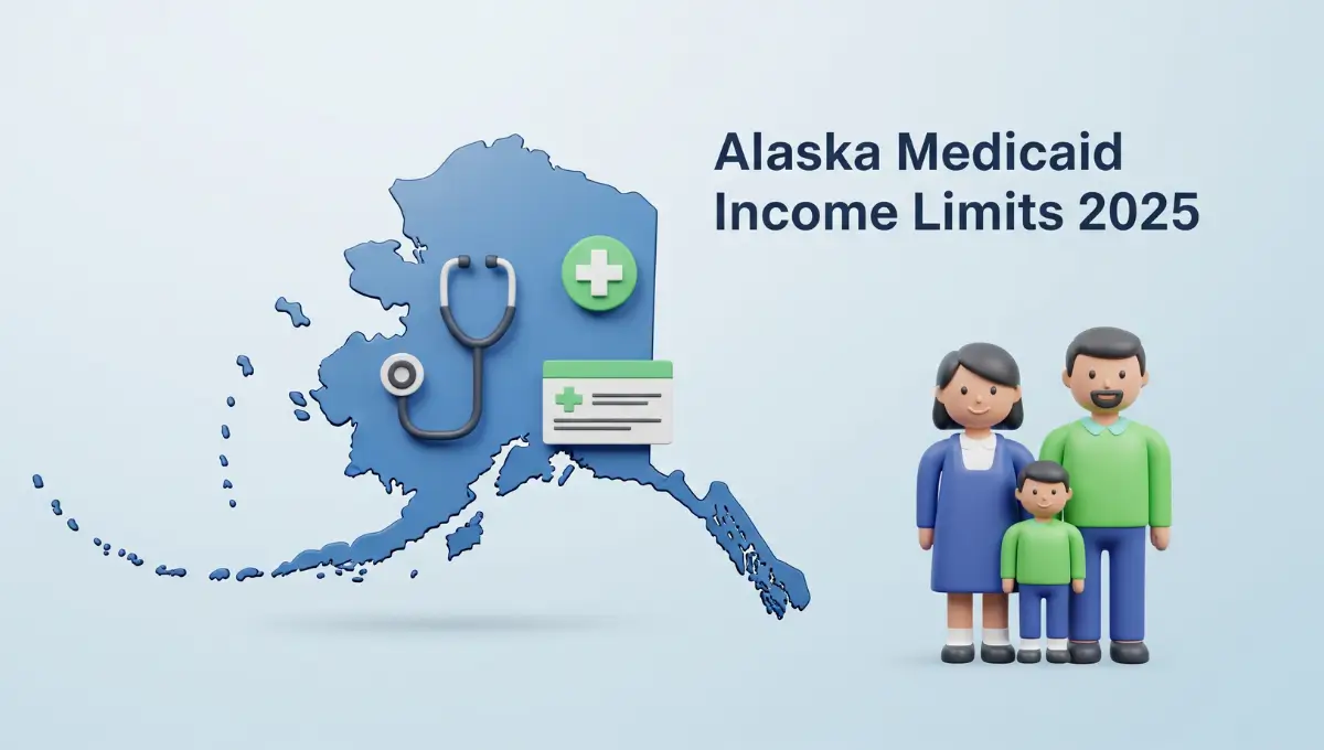Alaska Medicaid Income Limits 2025 infographic with healthcare icons and family illustration