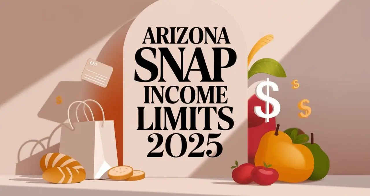 Animated desert-themed graphic showing Arizona SNAP income limits with moving food icons and warm tones.