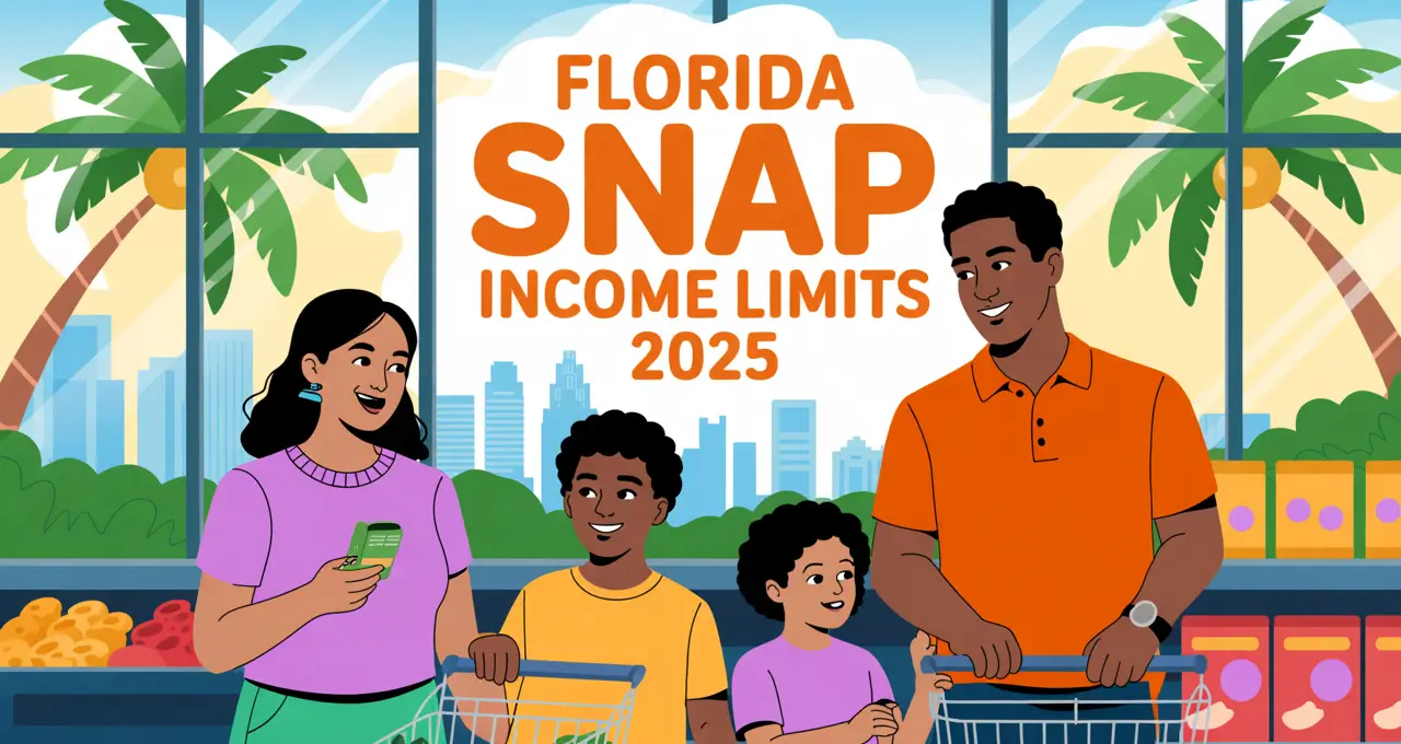 Florida SNAP income limits 2025 chart – family shopping with EBT card in Florida grocery store