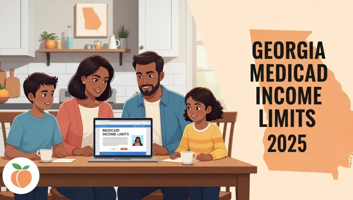 Animated-style illustration of a Georgia family checking Medicaid income limits on a laptop — GA Medicaid 2025