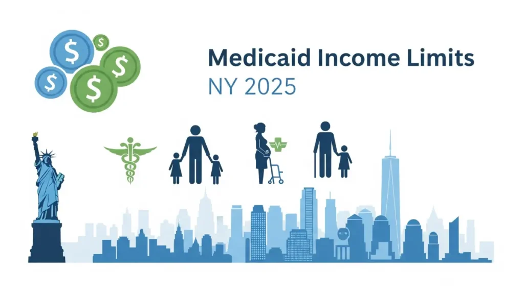 Medicaid Income Limits New York 2025 chart with eligibility for adults, children, pregnant women, and seniors.