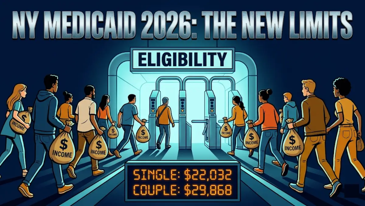 A vector graphic in a dramatic movie-poster style showing the 2026 New York Medicaid income limits for singles and couples.