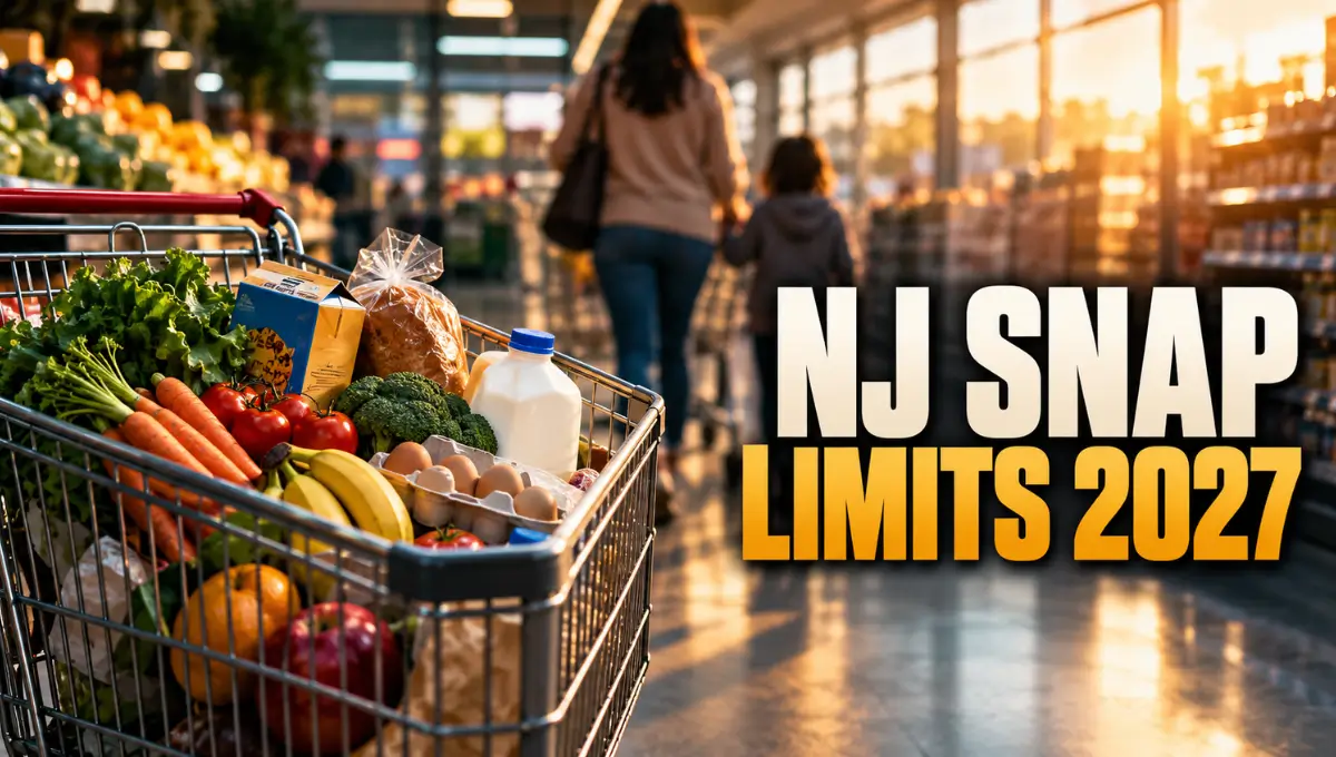 Shopping cart full of groceries in a New Jersey supermarket aisle beside the text "NJ SNAP Limits 2027"