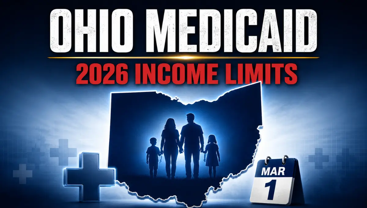 Ohio Medicaid income limits 2026 graphic showing state outline, family icons, and March 1 effective date