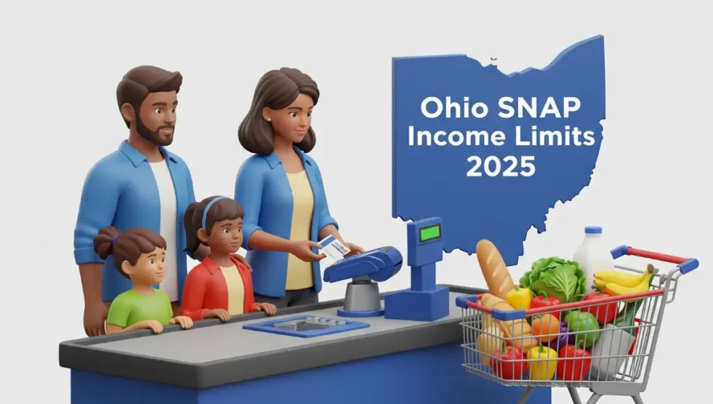 3D infographic of an Ohio family shopping with SNAP EBT card, showing Ohio SNAP income limits 2025 and maximum food stamp benefits.