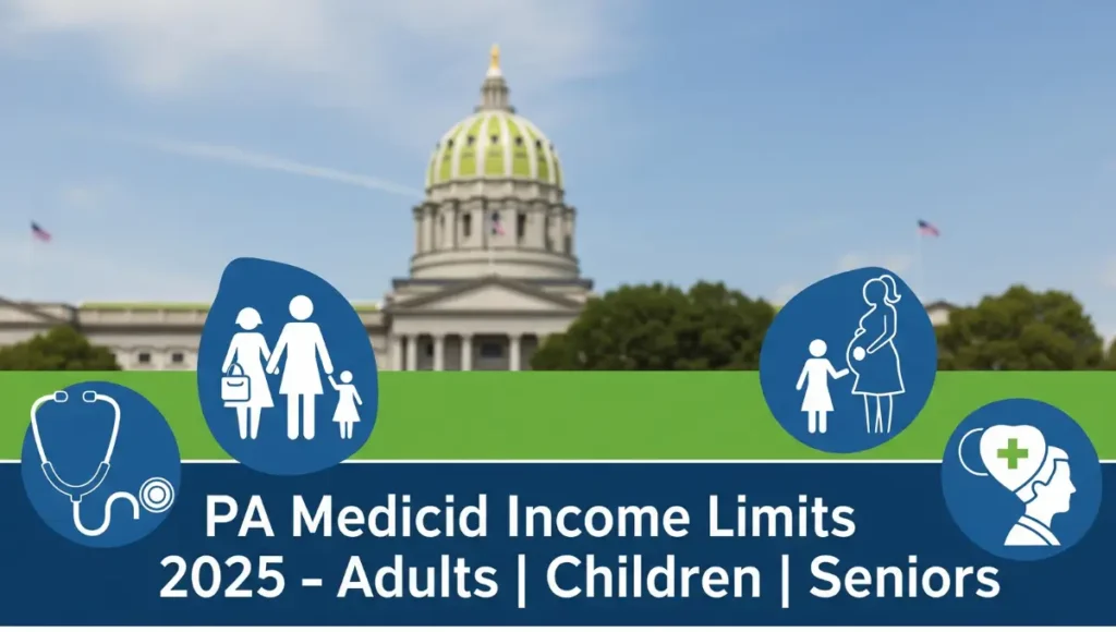 Pennsylvania Medicaid income limits 2025 chart with eligibility by household size for adults, children, pregnant women, and seniors.