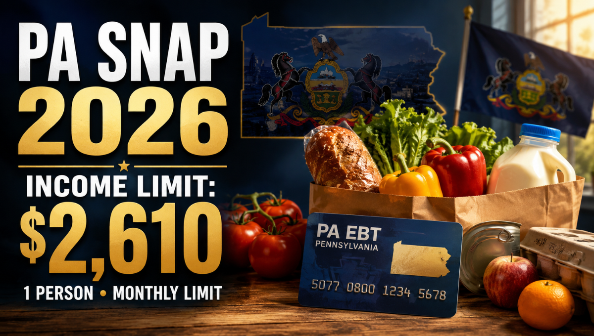 Pennsylvania SNAP income limits 2026 showing the $2,610 monthly limit for one person
