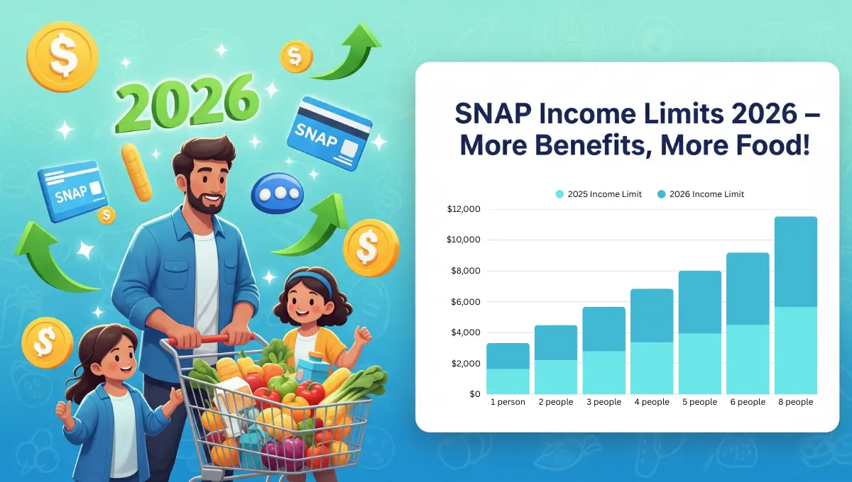 SNAP income limits 2026 infographic showing family grocery shopping with increased benefits and eligibility information
