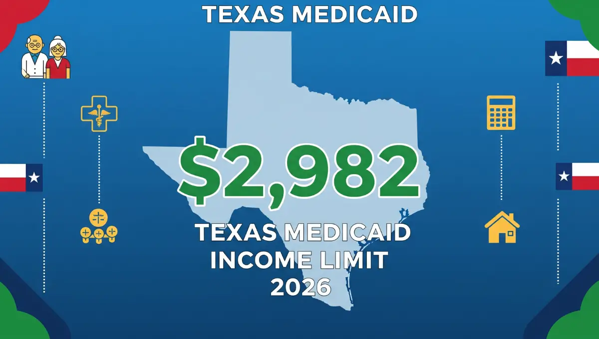 Texas Medicaid income limits 2026 infographic showing $2,982 monthly limit with state outline and eligibility information