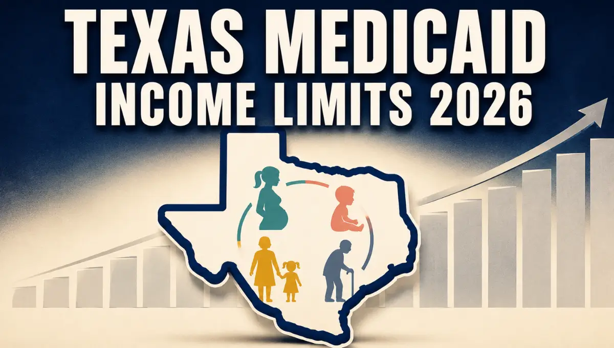 Texas Medicaid income limits 2026 infographic showing eligibility icons for children, pregnant women, parents, and seniors around a Texas state outline