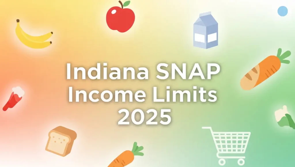 Bold title graphic for Indiana SNAP Income Limits 2025 with a colorful animated background.”