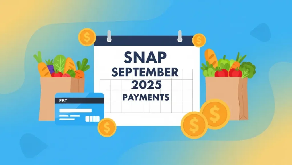 Colorful infographic showing SNAP September 2025 payment dates, grocery bag, EBT card, and calendar on a bright background.