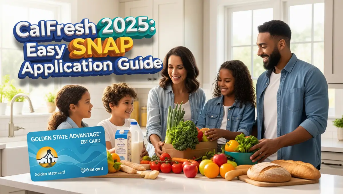 Realistic family unpacking groceries with EBT card and 3D title “CalFresh 2025: Easy SNAP Guide.