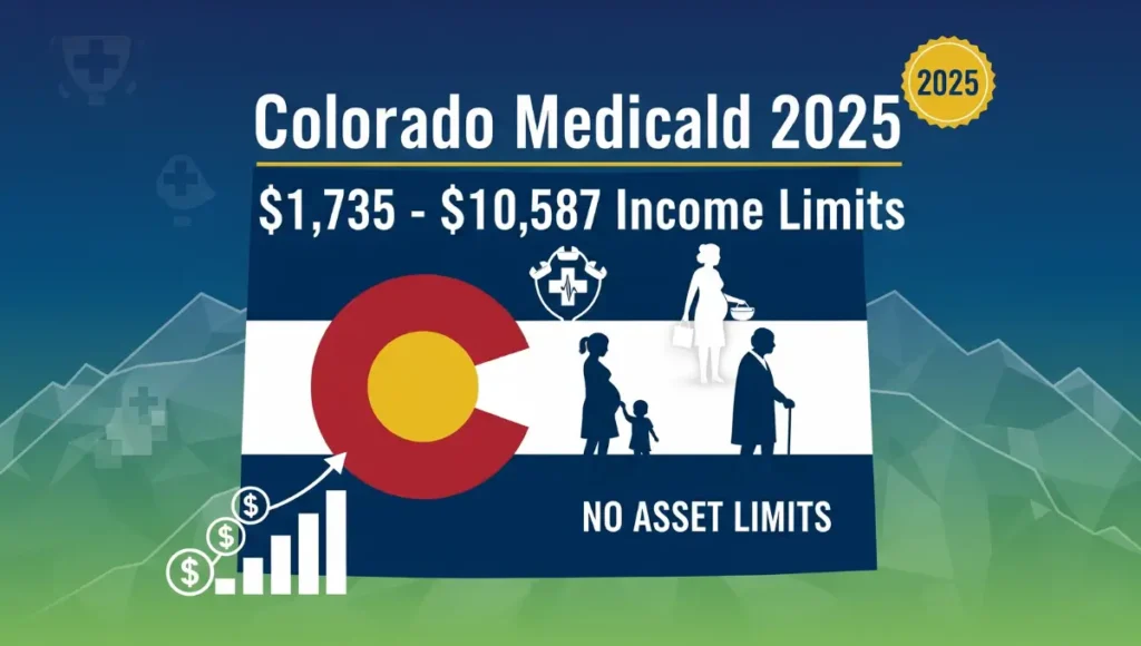 Colorado Medicaid 2025 income limits infographic showing Health First Colorado eligibility from $1,735 to $10,587 monthly