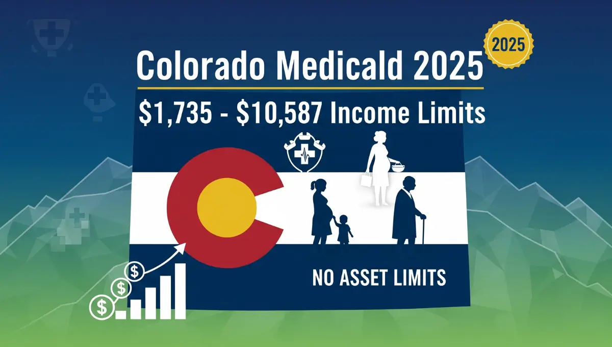 Colorado Medicaid 2025 income limits infographic showing Health First Colorado eligibility from $1,735 to $10,587 monthly