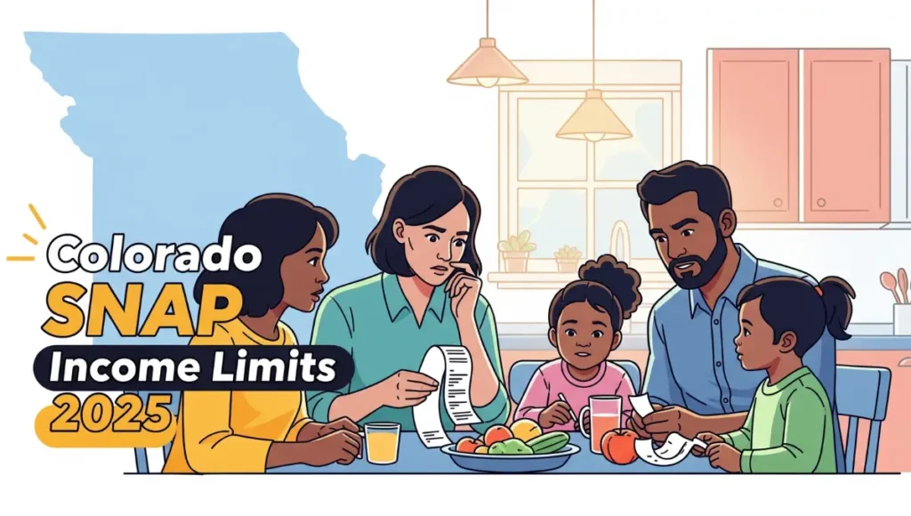 Colorado SNAP Income Limits 2025 infographic showing a family reviewing grocery receipts with Colorado outline in the background