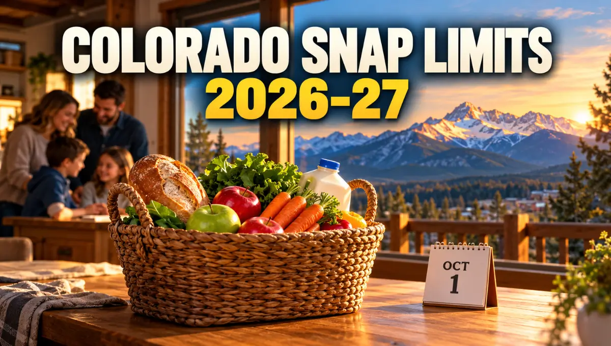 Grocery basket on a kitchen table with Colorado mountains in the window and the text Colorado SNAP Limits 2026–27
