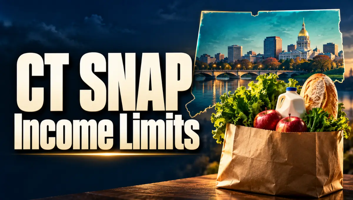 Grocery bag in front of a Connecticut silhouette with the headline “CT SNAP Income Limits.”