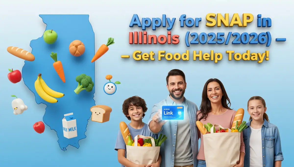 How to apply for SNAP benefits in Illinois - family holding Link card with groceries