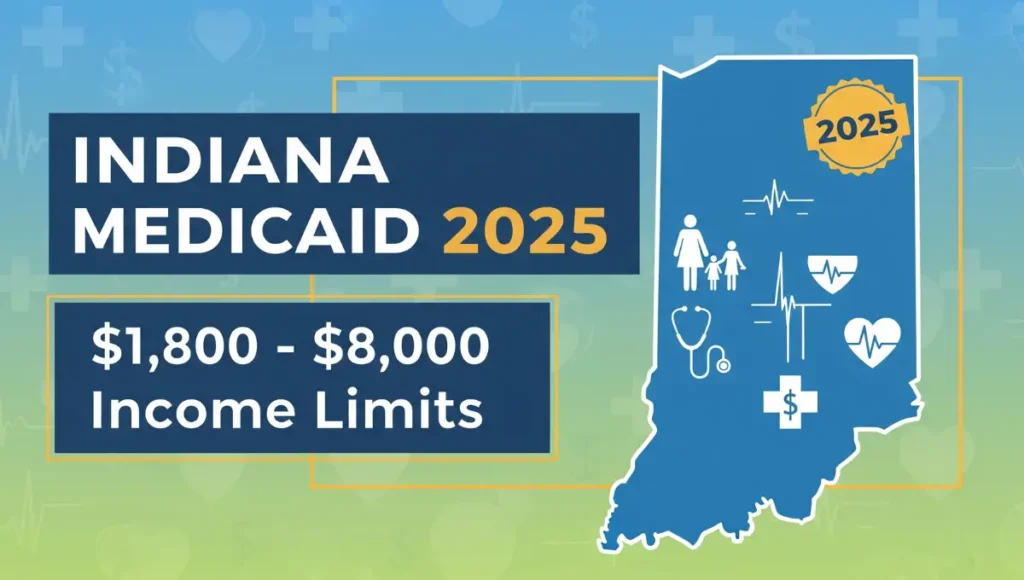 Indiana Medicaid 2025 income limits infographic showing eligibility ranges from $1,800 to $8,000 monthly for different groups