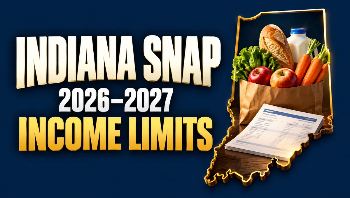 Indiana outline with groceries and a paycheck beside text reading Indiana SNAP 2026–2027 Income Limits.