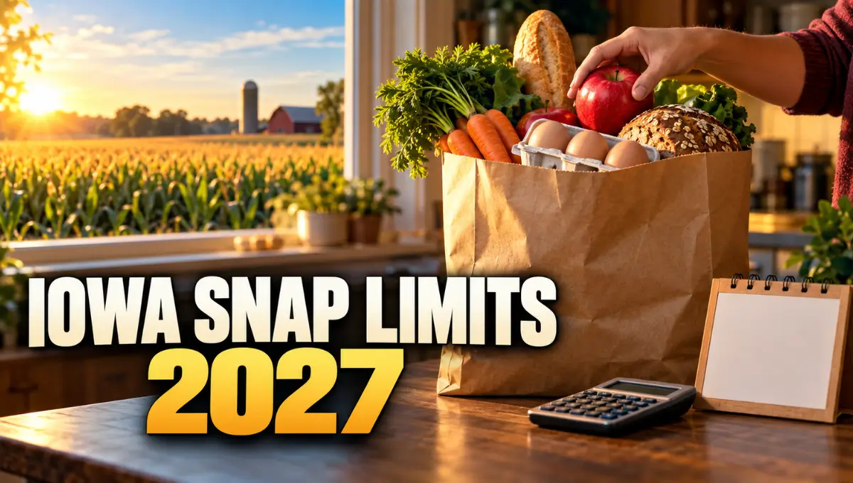 Hand packing groceries into a paper bag in a sunlit Iowa kitchen with cornfields outside, with the text “Iowa SNAP Limits 2027”