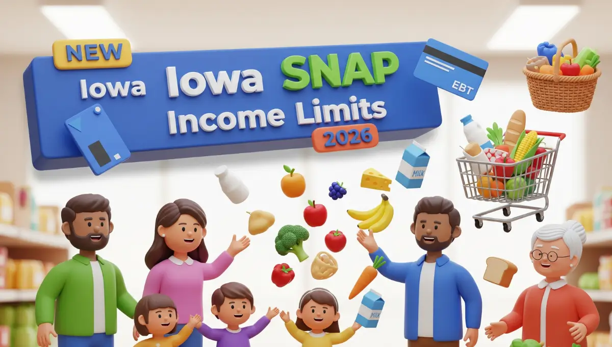 Iowa SNAP Income Limits 2026 with benefits and grocery shopping family illustration