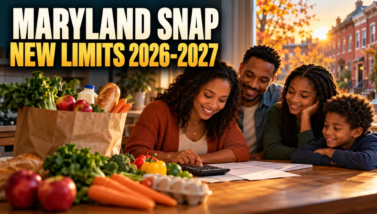 Maryland family at a kitchen table with groceries and a calculator, showing the new 2026–2027 SNAP income limits