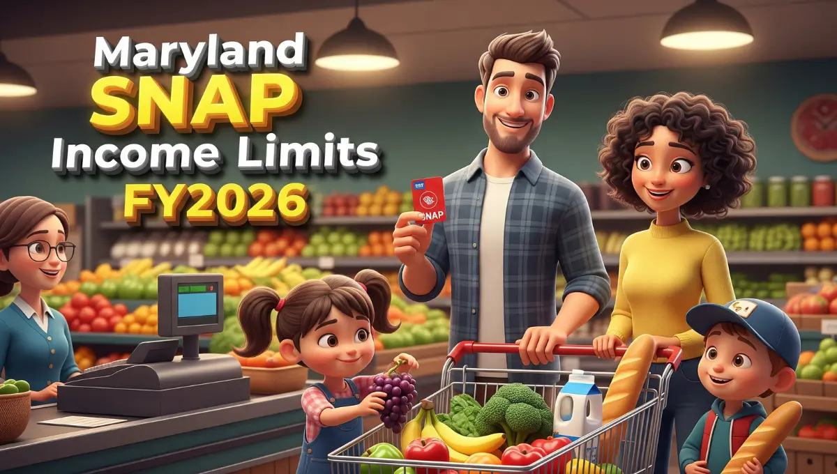 Maryland SNAP income limits FY2026 family grocery shopping with EBT card 3D illustration