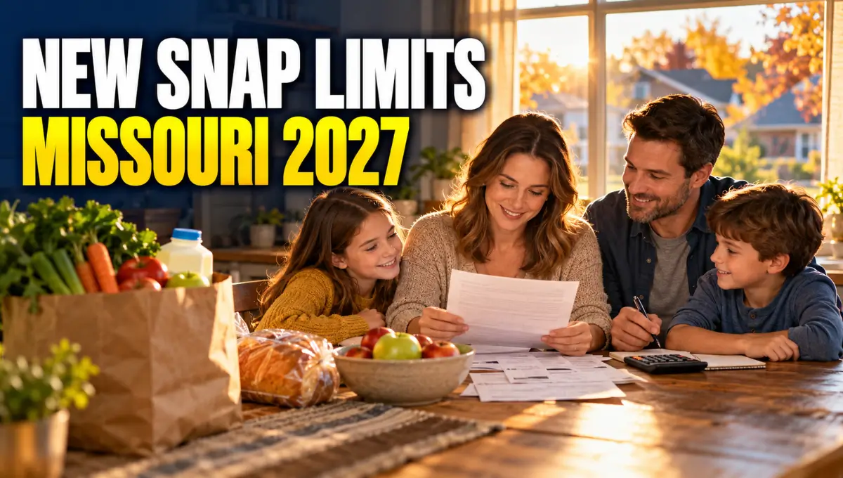 Missouri family reviewing grocery receipts and paperwork at a kitchen table beside bold text reading "New SNAP Limits" for 2026–2027