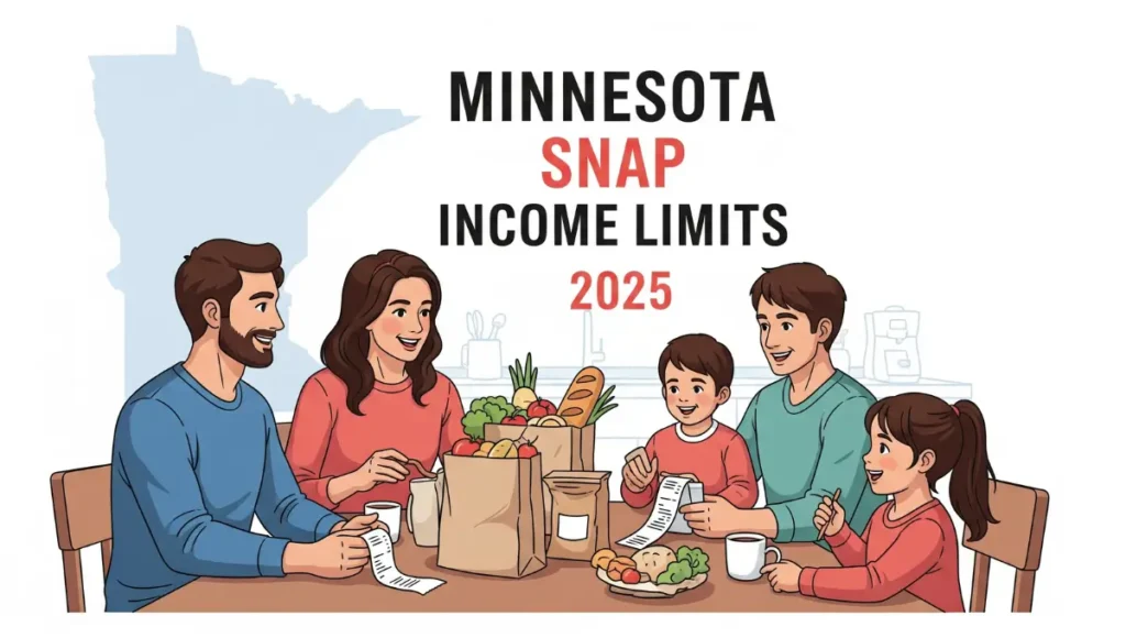 Illustration of a Minnesota family reviewing groceries with ‘Minnesota SNAP Income Limits 2025’ title overlay.