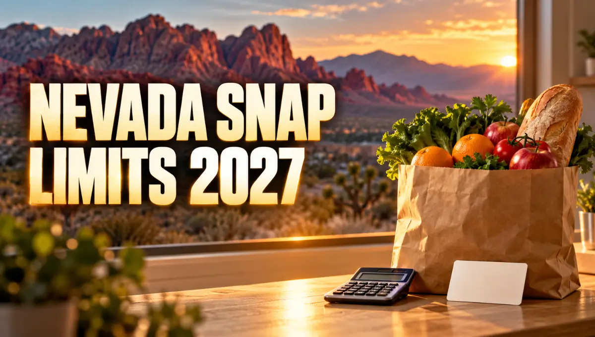 Grocery bag of fresh food and a calculator in a Nevada kitchen at sunset, with the text Nevada SNAP Limits 2027