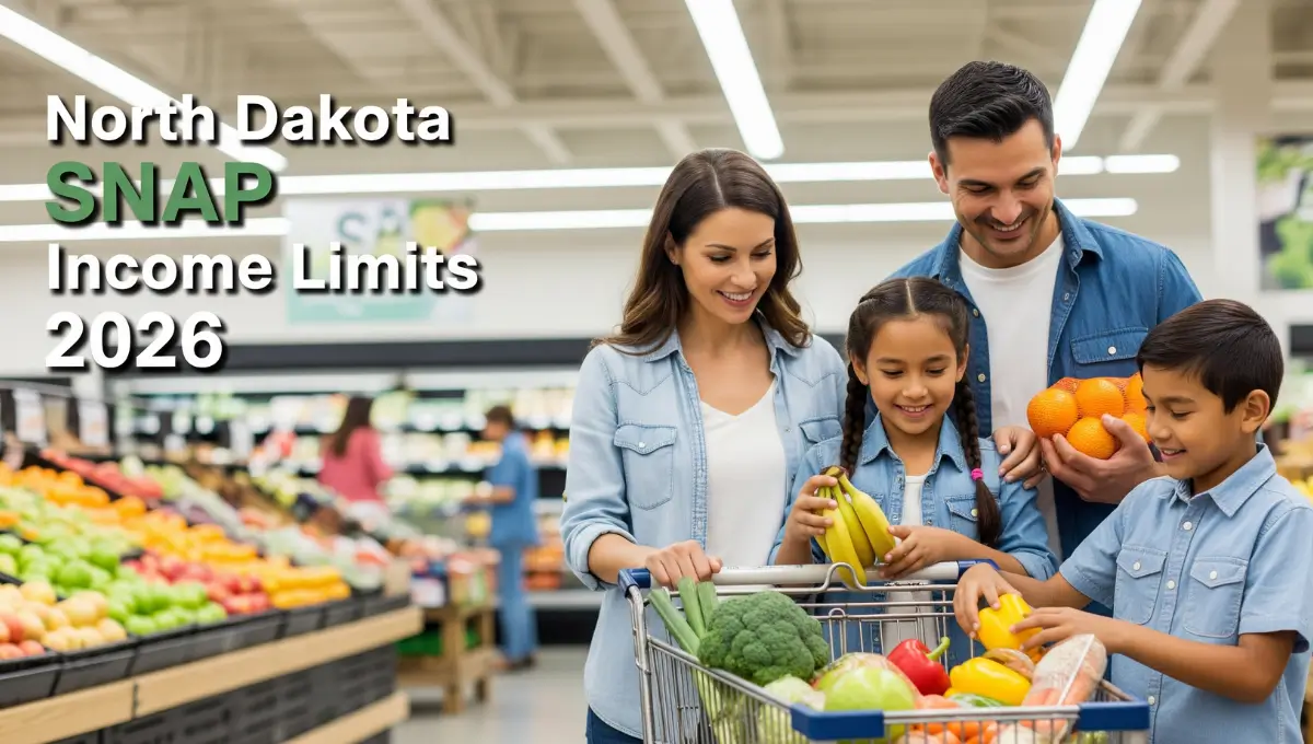 North Dakota SNAP income limits 2026 chart with family grocery shopping illustration