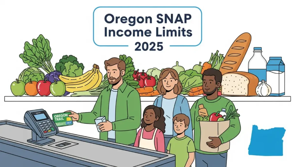 Oregon SNAP income limits 2025 chart with family using Oregon Trail EBT card at grocery store