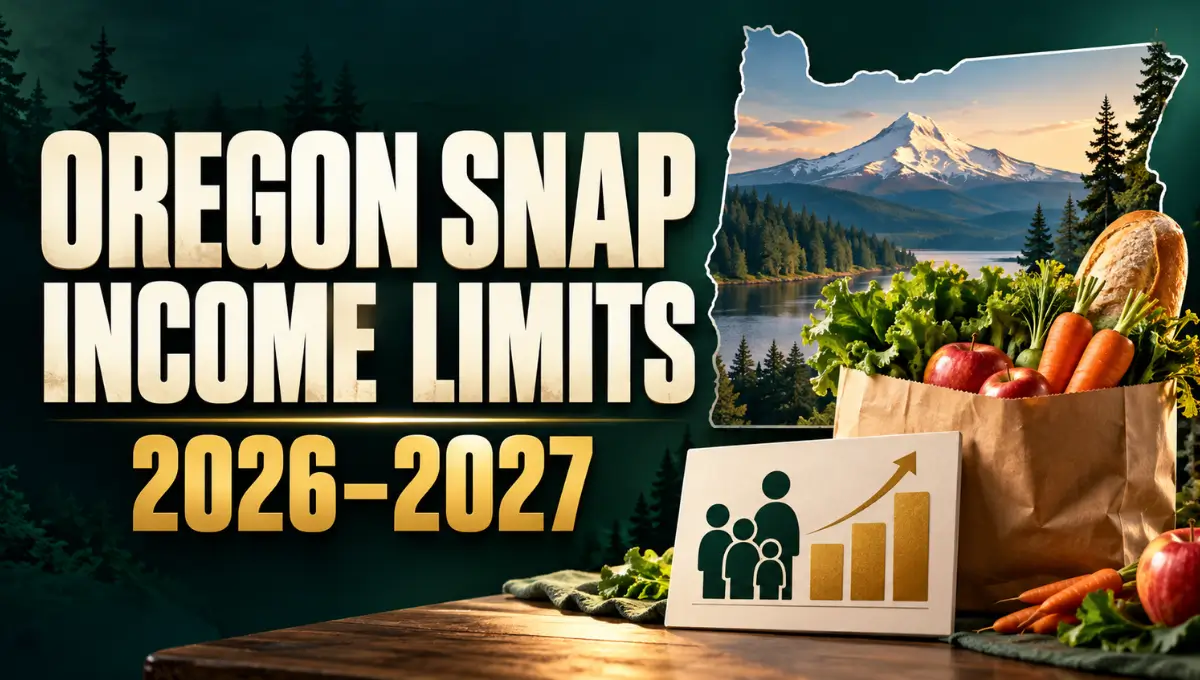 Grocery bag beside a simplified income chart and Oregon silhouette, with text reading Oregon SNAP Income Limits 2026–2027.