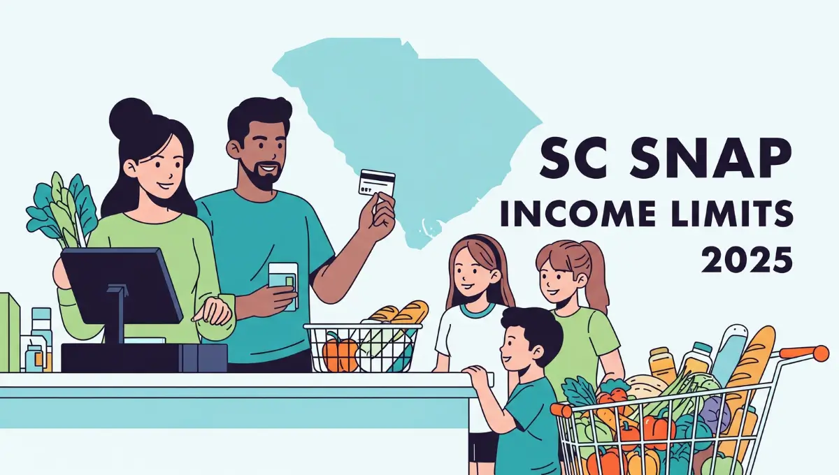 South Carolina SNAP income limits and maximum benefits for 2025 infographic with family grocery shopping illustration.