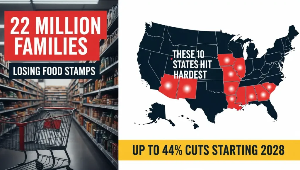 Infographic showing SNAP benefit cuts in 2025 with 22 million families losing food aid and top 10 states highlighted in red.