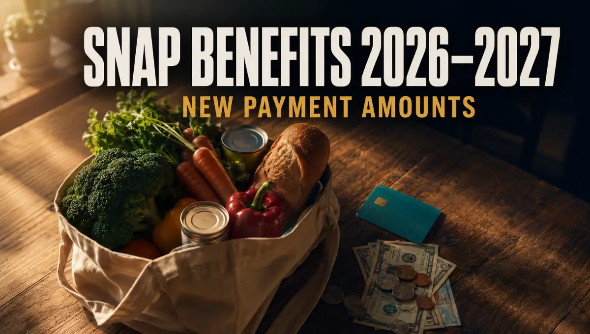SNAP benefits 2026 and 2027 payment amounts chart with grocery bag, EBT card, and cash on a table