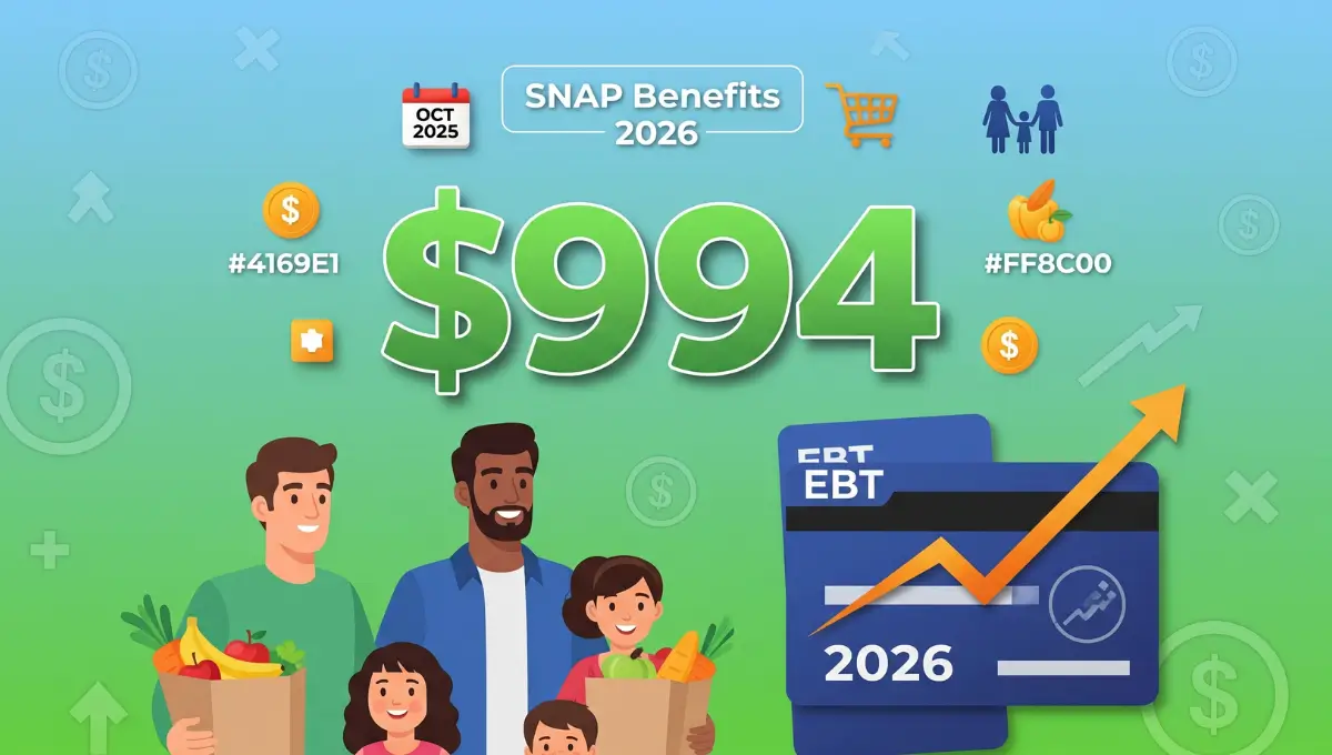 SNAP benefits 2026 maximum amounts showing family of four receiving $994 monthly with EBT card and grocery bags