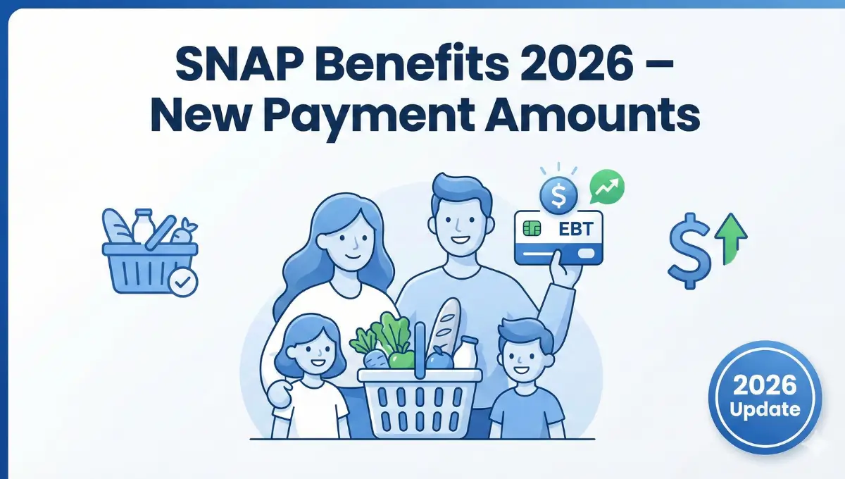 SNAP Benefits 2026 updated amounts and income limits infographic with EBT card and grocery icons