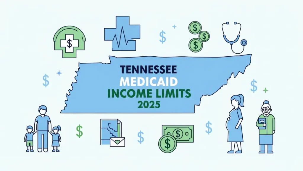 Tennessee Medicaid Income Limits 2025 chart showing income eligibility for families, pregnant women, children, and seniors.