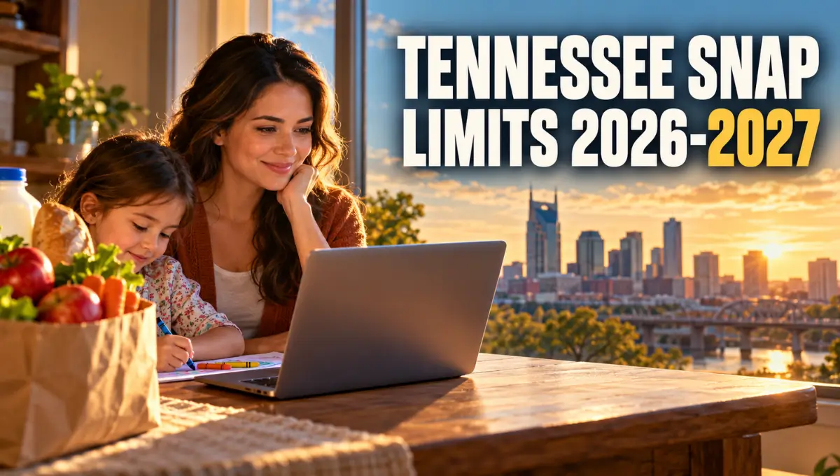 Tennessee parent reviewing 2026–2027 SNAP income limits on a laptop at a kitchen table with fresh groceries nearby