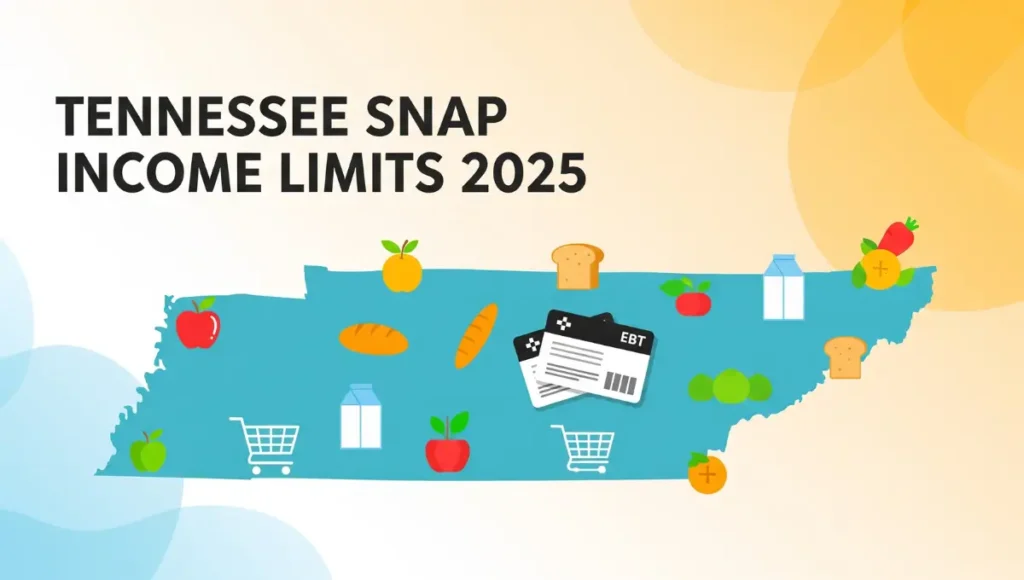 Tennessee SNAP income limits and maximum benefits for 2025 with family and EBT card illustration.